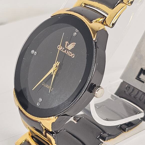 Orlando Black Gold Tone Quartz Analog Watch with Link Band 7.25" Wrist - Picture 3 of 16